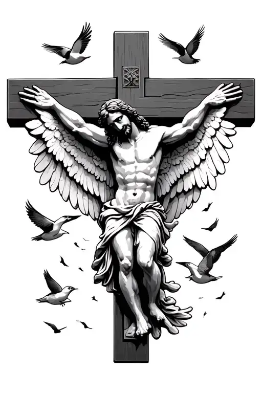 Jesus Christ with wing and birds flying will he is on the cross tattoo design idea