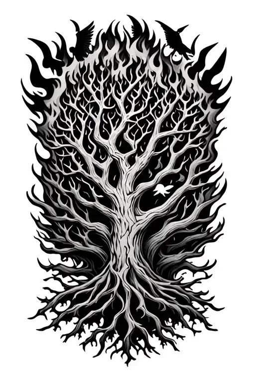 Poision Tree On Fire With Birds flying tattoo design idea