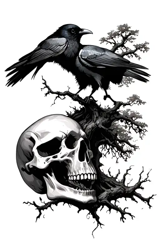 skull with poison tree coming out its mouth and one crow on the trees branches tattoo design idea