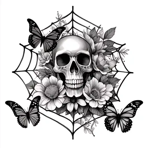 butterflies,  spiders & skulls in a web & flowers tattoo design idea