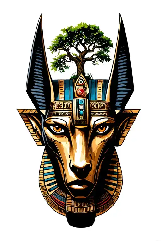 A Fusion Of Egyptian And Inka Symbolism, Featuring Anubis And all seing eye On in Machu Picchu and tree tattoo design idea