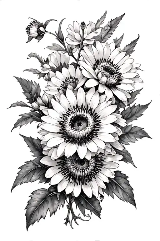 full body back tattoo, etching botanical journal style, of chrysanthemums and passionflowers tattoo design idea