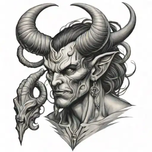 male demon handsome man horns long tattoo design idea