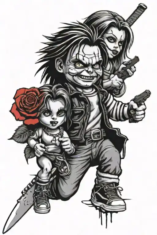 chucky and tiffany and jason, and scarface with roses tattoo design idea