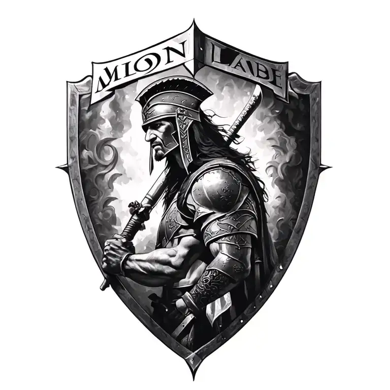 black and white color, Battle ready Spartin Warrior inscribed with MOLON LABE tattoo design idea