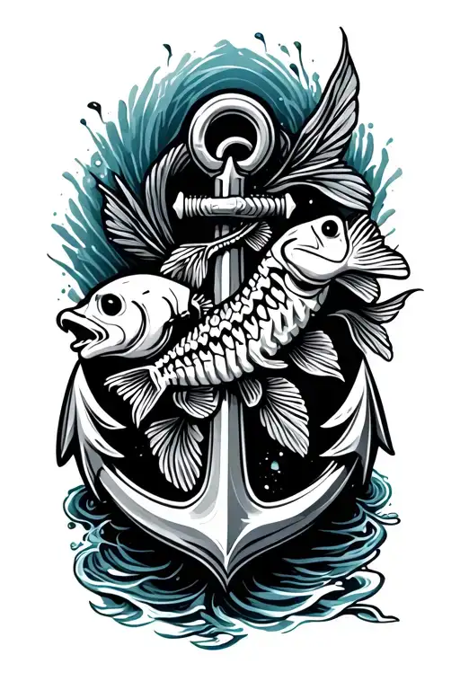 anchor with fish skeleton add ocean city elements tattoo design idea