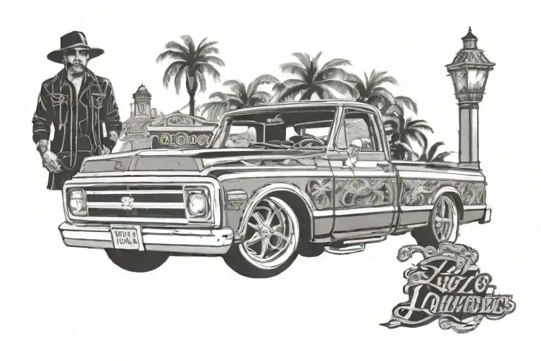 1970 Chevy c10 lowrider truck tattoo design idea