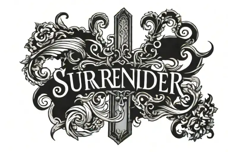 the word Surrender with a cross next to it  tattoo design idea