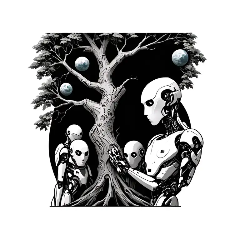 space  human robot three sond molded into a branched tree symbolizing love and eternity tattoo design idea