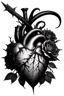 dagger piercing realistic bleeding human heart ensnared by black roses with thorns. Add a Black Mamba tattoo design idea
