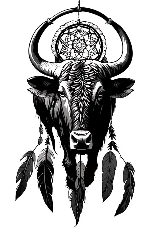 black and white buffalo with dream catcher indigenous inspired tattoo design idea