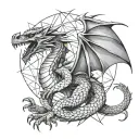 aggressive full dragon with geometric background realistic tattoo design idea