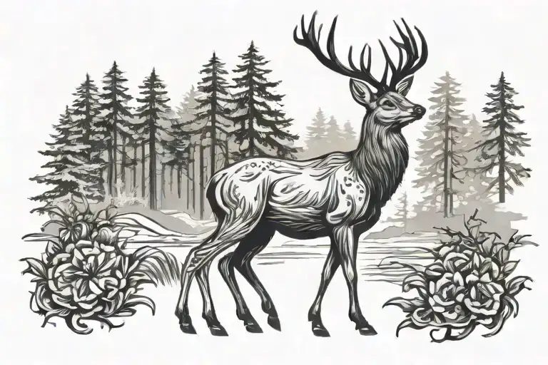 majestic deer in the forest black and white in viking style tattoo design idea