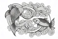 PISCES, WAVES, YIN YANG, JAPANESE KOI FISH, WITH LIFE GOES ON TEXT tattoo design idea
