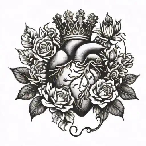 anatomical heart and crown surrounded by flowers tattoo design idea