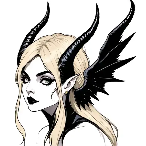 simple maleficent horns and wings blonde hair tattoo design idea