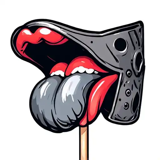 Illustrative tattoo of a tongue licking a lollipop shaped like a welding mask tattoo design idea