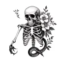 skeleton torso with snake and flowers tattoo design idea