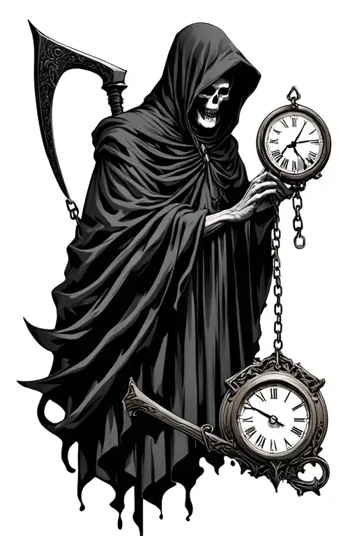 Death hooded but his skull is visible and he is holding a clock dangling by a chain with a scythe in his other hand.  tattoo design idea