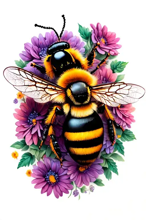 bee with flowers tattoo design idea