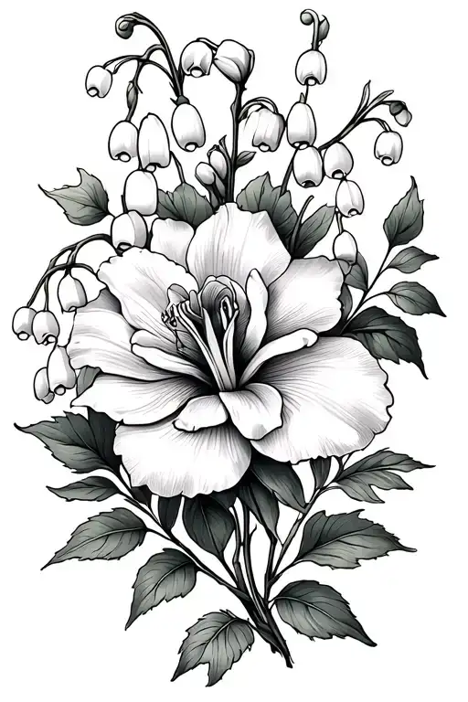I want a tattoo  can it have the lily of the valley, a rose, a honeysuckle, violet and iris in a fine line minimal black tattoo design idea