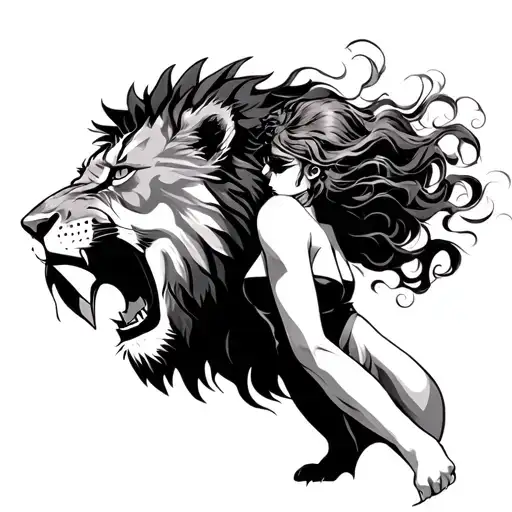 outline  tatoo woman and lion roaring through her  tattoo design idea