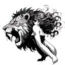 outline  tatoo woman and lion roaring through her  tattoo design idea