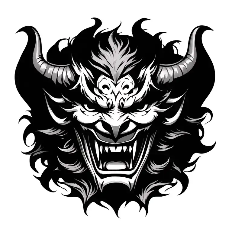 Design a full black and grey Japanese tattoo, a Oni devil mask to be the main feature located centre of lower back, with tattoo design idea