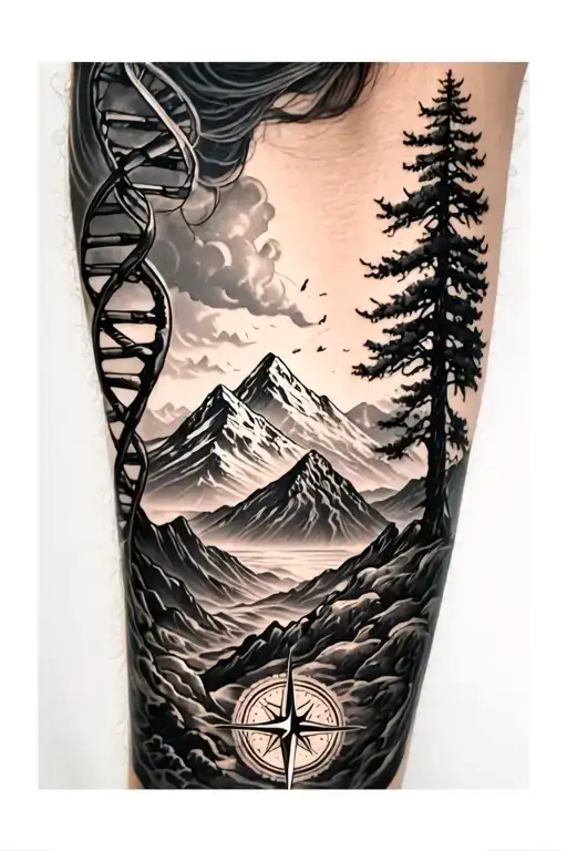 Create a tattoo Micro Realistic for a woman's forearm in black and white. Elements of a mountain, a tree, a compass, DNA tattoo design idea