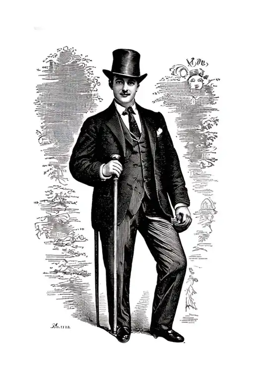 1920s man wearing a suit and hat holding a cane tattoo design idea
