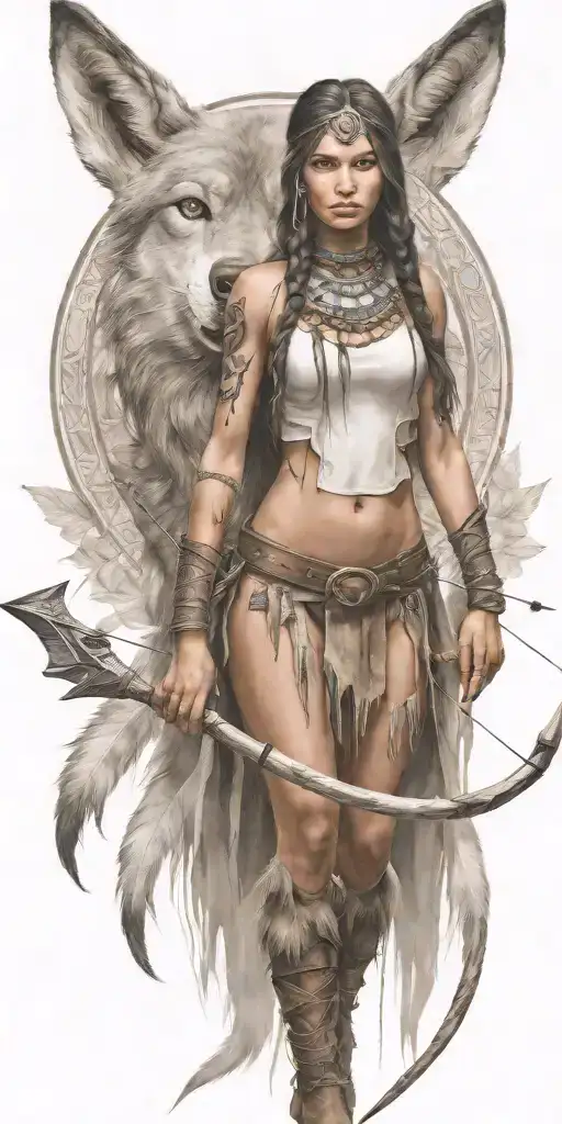 young adorable cheyenne woman full body with bow and arrow wolf tattoo design idea