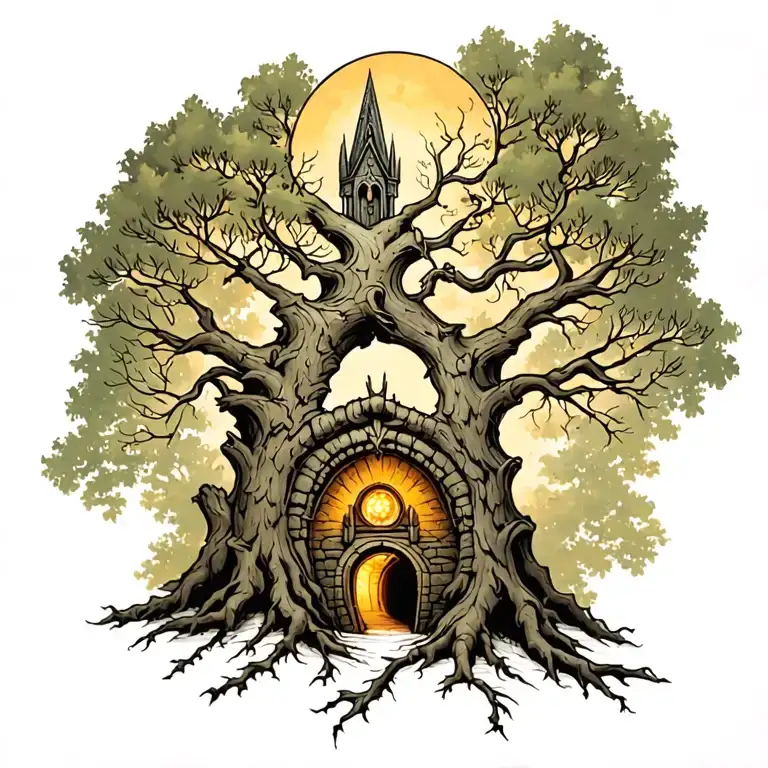 lord of the rings white tree of Gondor with a hobbit hole underneath. a feeling of abundant light overcoming darkness.  tattoo design idea