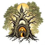 lord of the rings white tree of Gondor with a hobbit hole underneath. a feeling of abundant light overcoming darkness.  tattoo design idea
