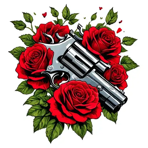 dark tower with red roses blooming. revolver surrounded tattoo design idea