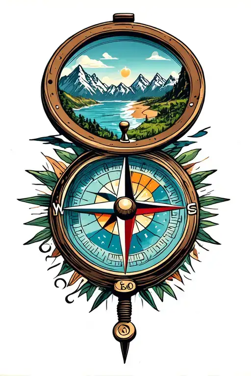 compass with my favorite places, gaming, hiking beaches and mountains tattoo design idea