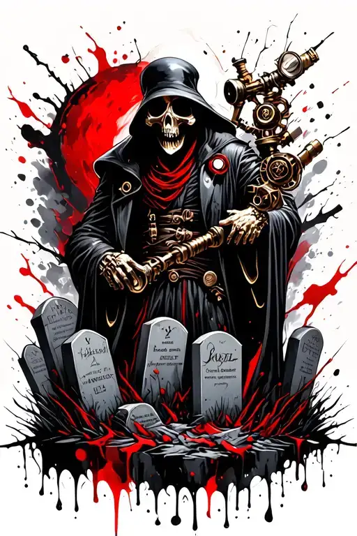 steampunk reaper on graveyard scene with tombstones tattoo design idea