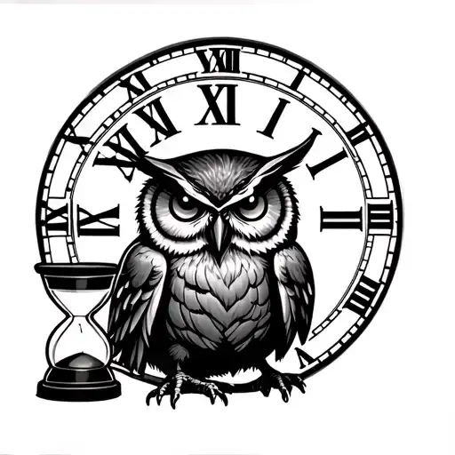 "Wiser Time" owl standing in front of a large clock face with Roman numerals, and an hourglass in front of the owl. tattoo design idea
