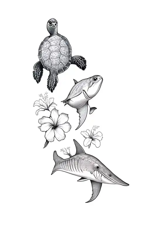 a leatherback turtle, a manta ray, and a whale shark all surrpunded by lily flowers, hibiscus flowers, african violets tattoo design idea