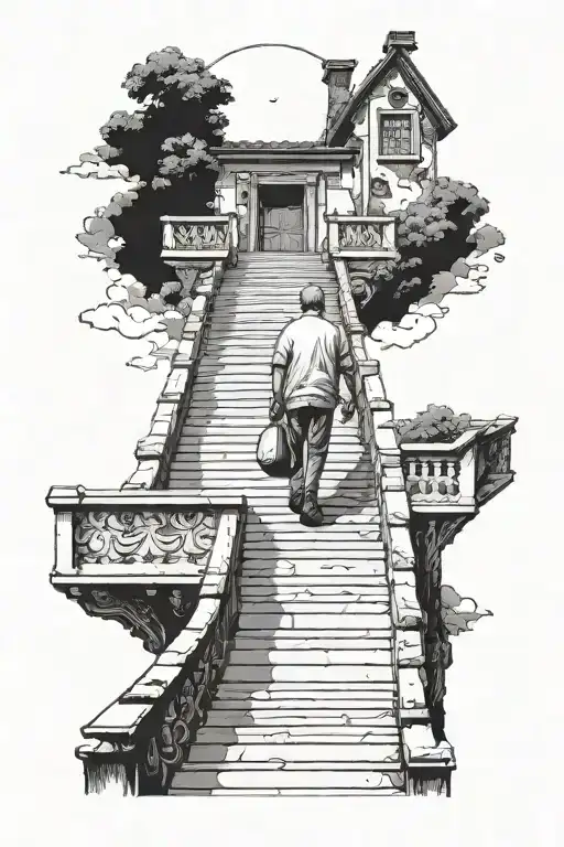 Dad and child walk up the stairs to the sky, time, eyes tattoo design idea