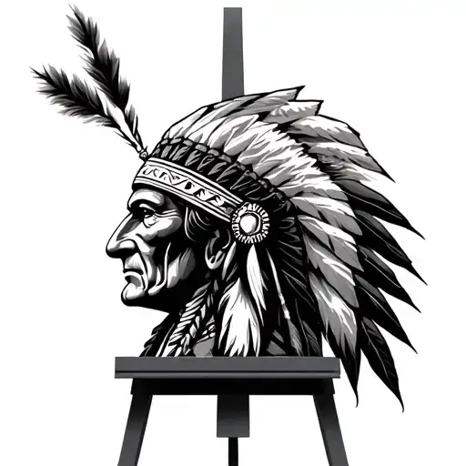 art easel with Indian chief head profile holding tattoo design idea