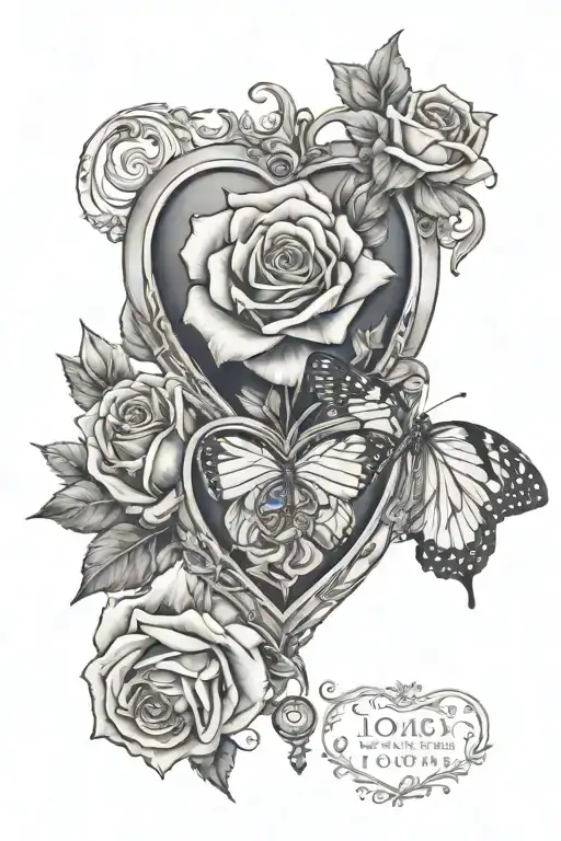 roses and butterflies with heart shaped locket full sleeve  tattoo design idea