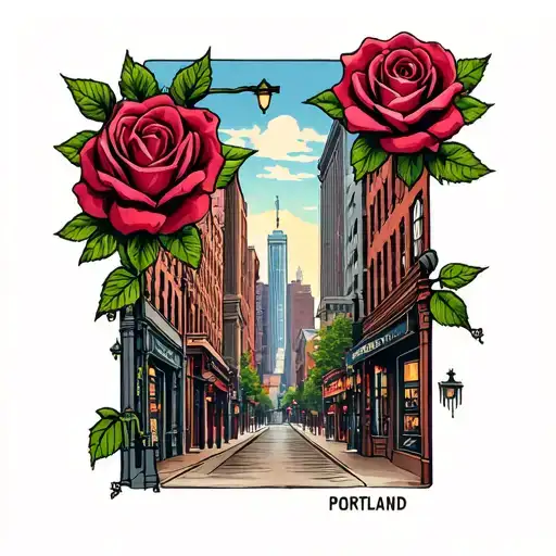 downtown Portland oregon cityscape in boutique of roses with rosary beads  tattoo design idea