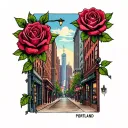 downtown Portland oregon cityscape in boutique of roses with rosary beads  tattoo design idea