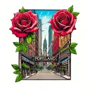 downtown Portland oregon cityscape in boutique of roses with rosary beads  tattoo design idea