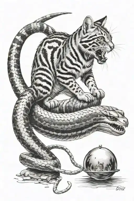 A tabby sits on a dead toy snake & mouse inside a Stargate reaching up & out of it to grab a crinkly mylar ball.  tattoo design idea