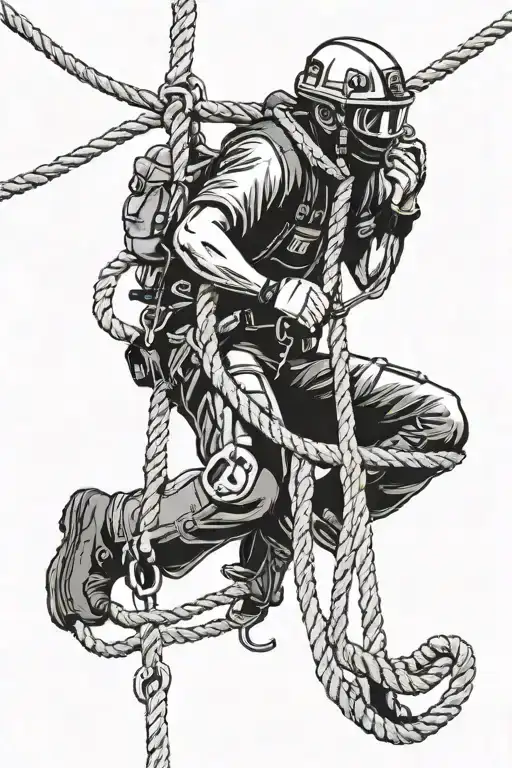 a rope rescue technician rappelling on a rope that ends with a noose while holding a stretcher  tattoo design idea