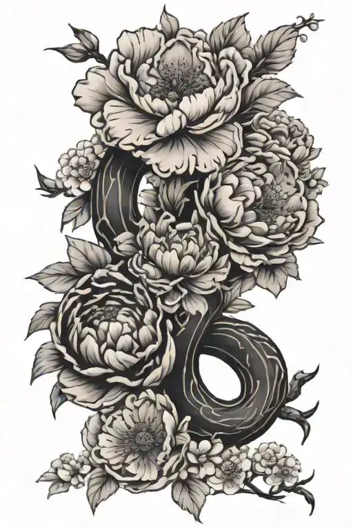 cherry blossom and peony and capricorn sign tattoo design idea