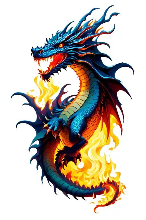 Dragon breathing fire flames tattoo design idea