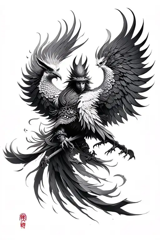 Samurai, phoenix, mandala. Hyper realistic black tattoo design idea