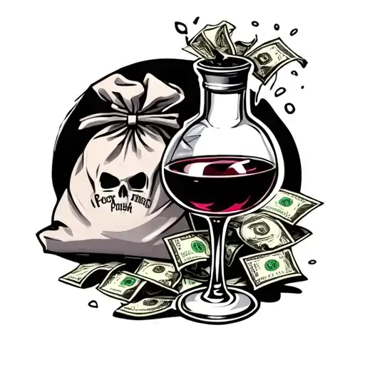 poison bottle n money bags filled wine glass tattoo design idea